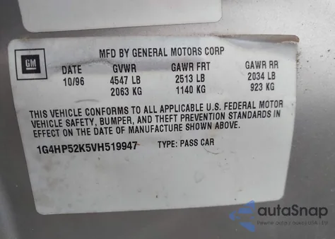 1997 Buick Lesabre Custom from USA, damaged, VIN 1G4HP52K5VH519947